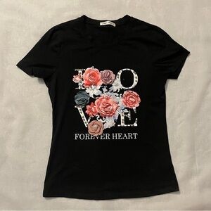 MAYBE Wang black top with love forever heart printed on front size small